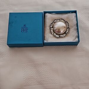 Birks Vintage 1950s Brooch Faux Pearl Surrounded By 40 Baguette Rhinestones